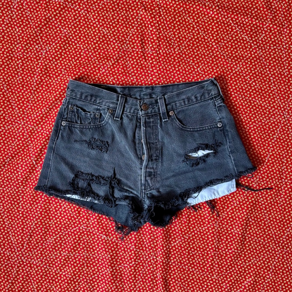Levis USA made 501 Vintage Black Distressed Cut Off Shorts Butterfly Patch W29